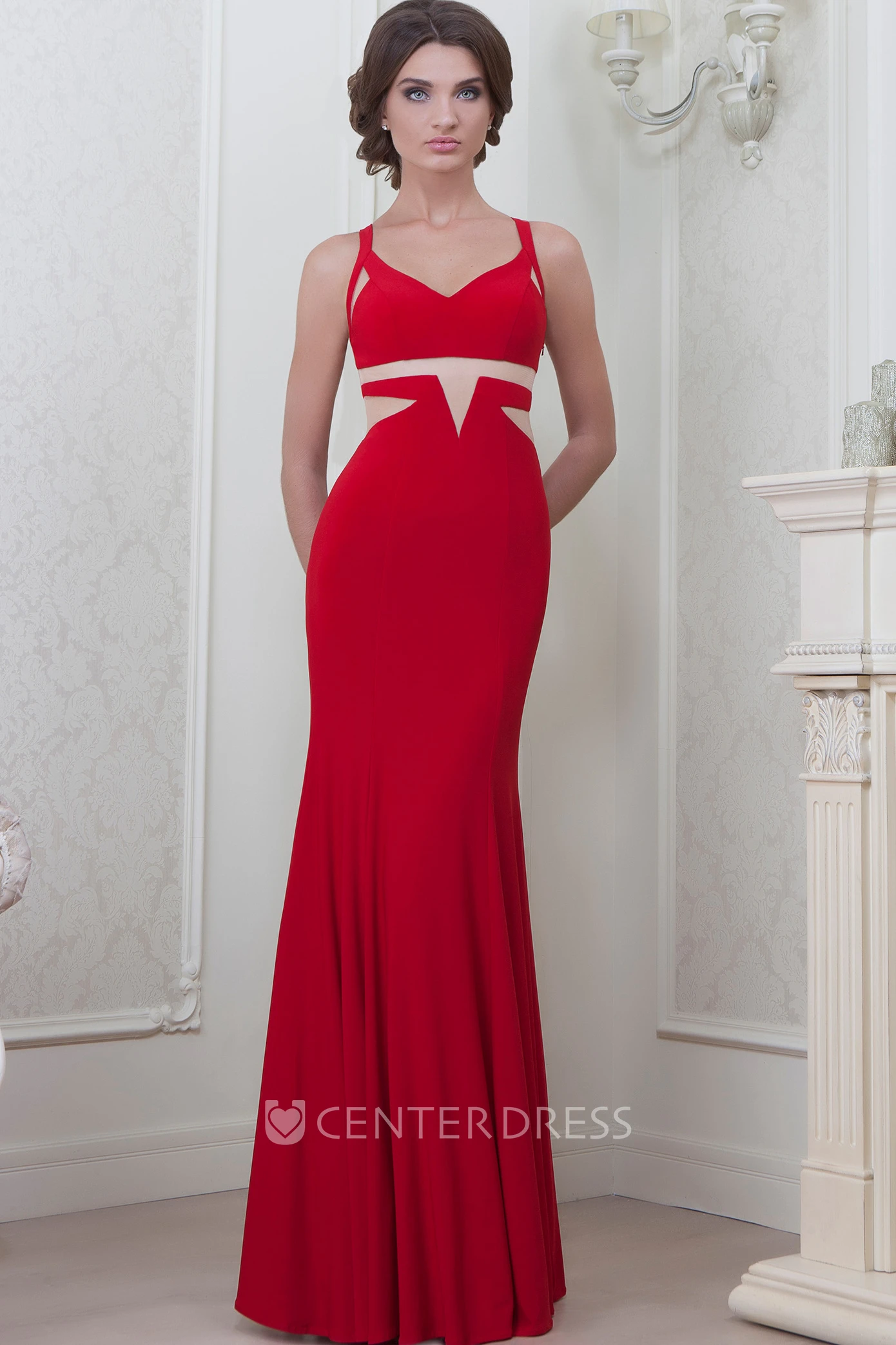 Sheath V-Neck Floor-Length Sleeveless Jersey Evening Dress