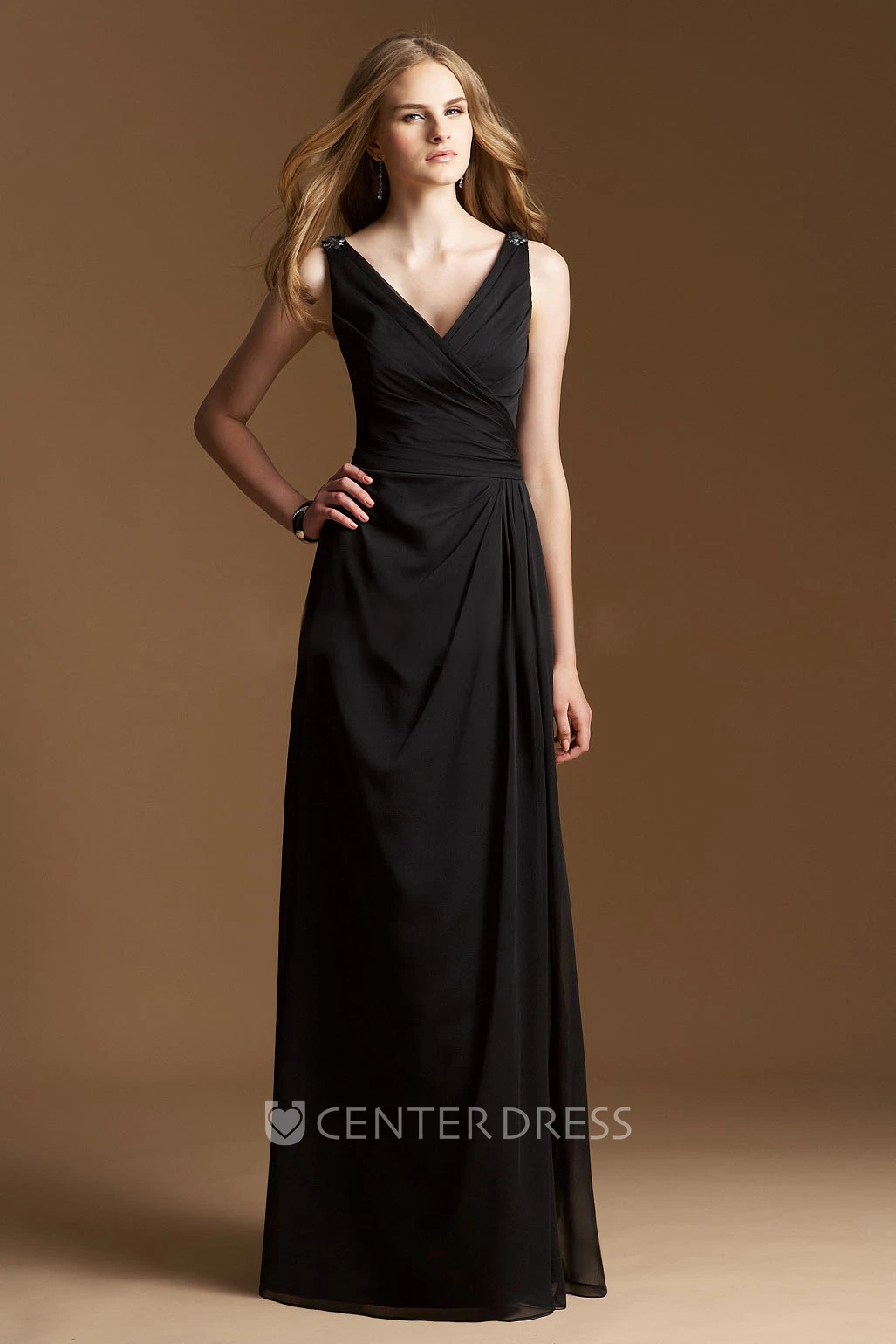 Sleeveless V-Neck A-Line Long Bridesmaid Dress With Jewels And V-Back
