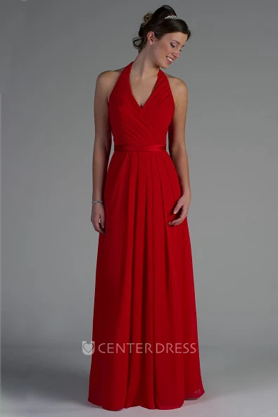 Halter Pleated A-Line Chiffon Long Bridesmaid Dress With Satin Sash