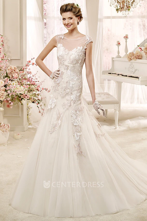 Cap sleeve Illusion Wedding Gown with Appliques and Court Train