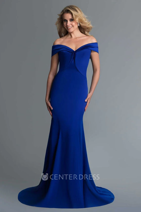 Sheath Long Off-The-Shoulder Jersey Sweep Train Low-V Back Dress