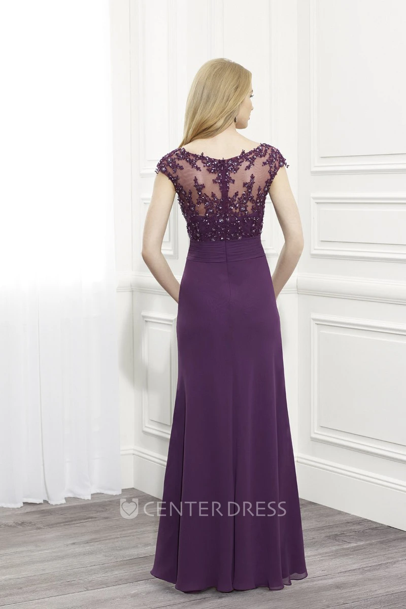V-Neck Cap Sleeve Chiffon Formal Dress With Beading And Illusion Back