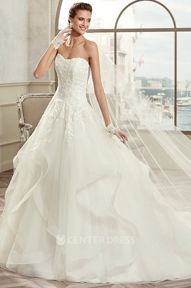 Sweetheart Brush-Train A-Line Bridal Gown With Beaded Corset And  Asymmetrical Ruffles - UCenter Dress