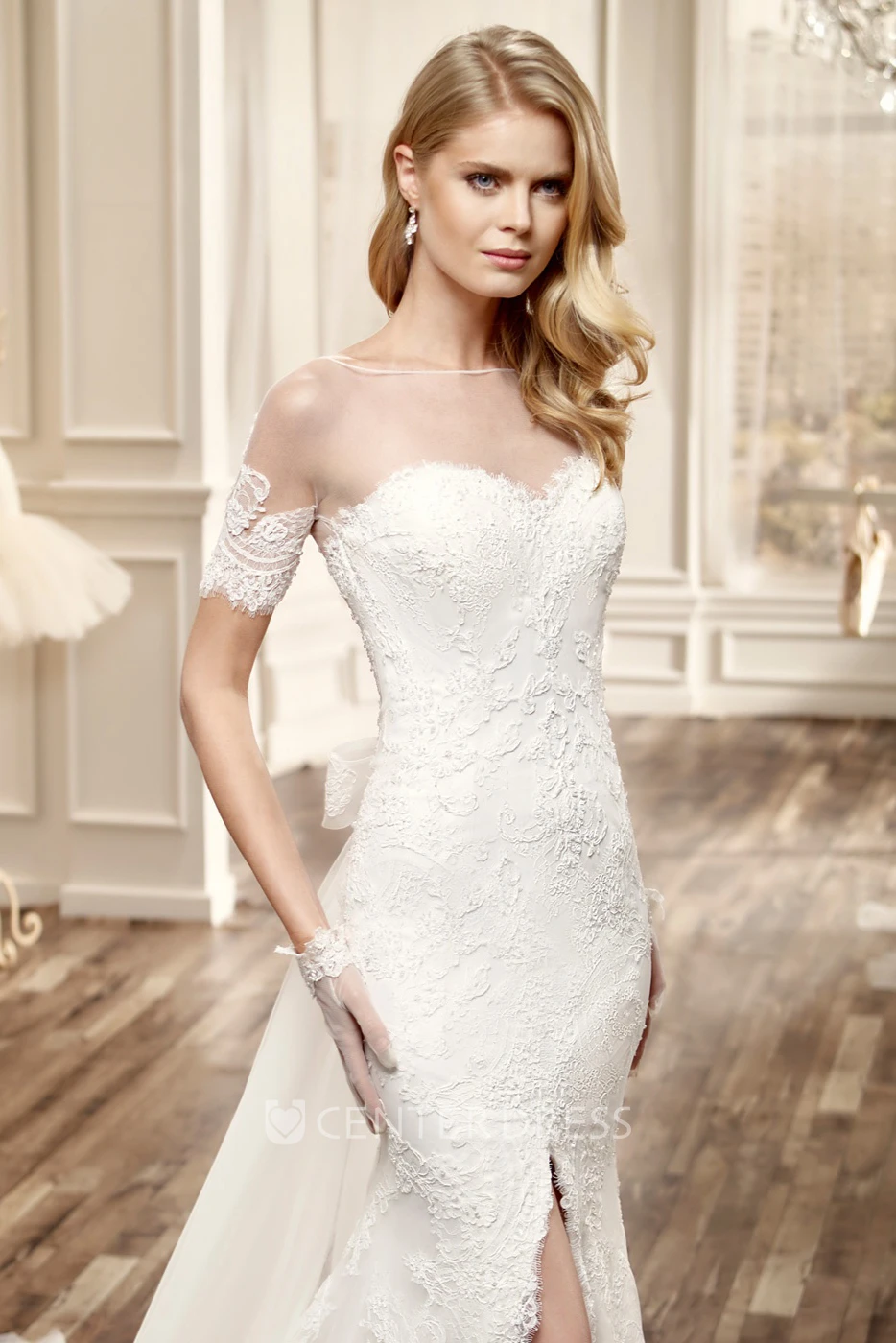 Side-Split Lace Long Wedding Dress With T-Shirt Sleeve Back Bow