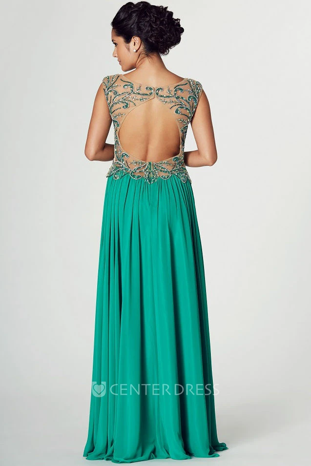 A-Line Beaded Scoop-Neck Cap-Sleeve Floor-Length Prom Dress With Split Front