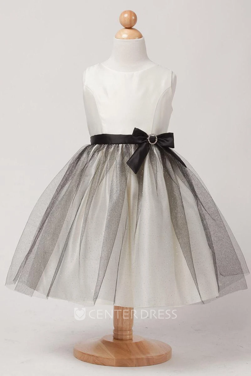 Broach Bowed Tiered Satin Flower Girl Dress With Ribbon