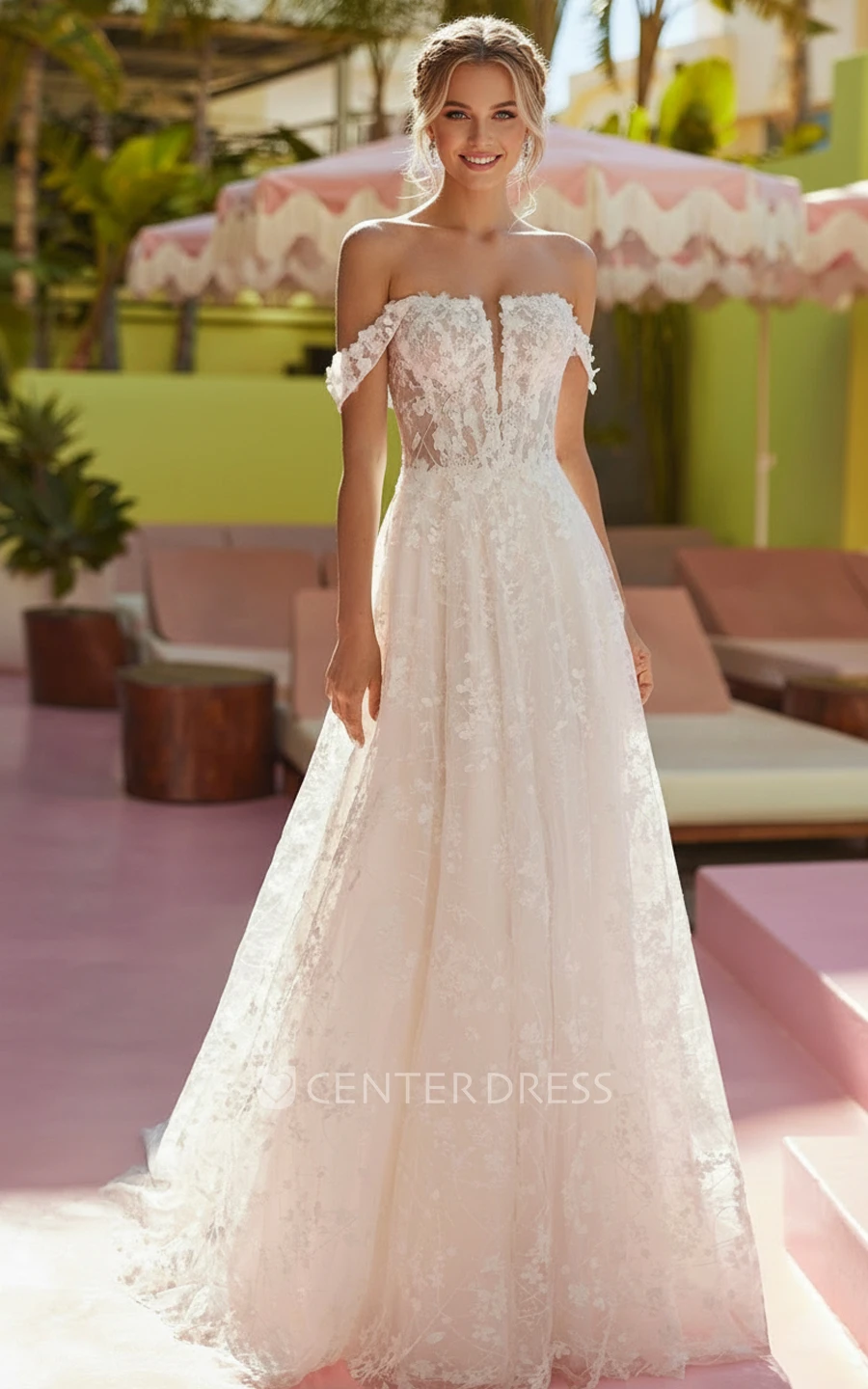 Boho Lace Wedding Dress Off Shoulder A Line Floral Lace Tulle Skirt Illusion Bridal Gown