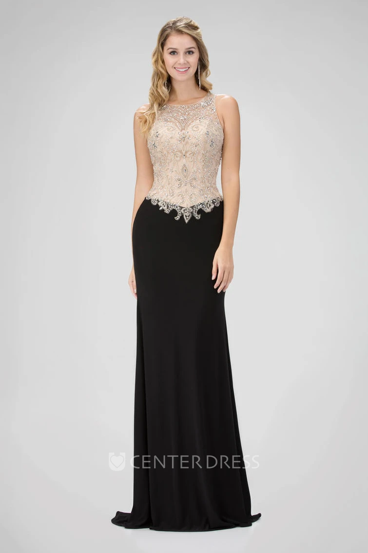 Sheath Scoop-Neck Sleeveless Jersey Illusion Dress With Beading
