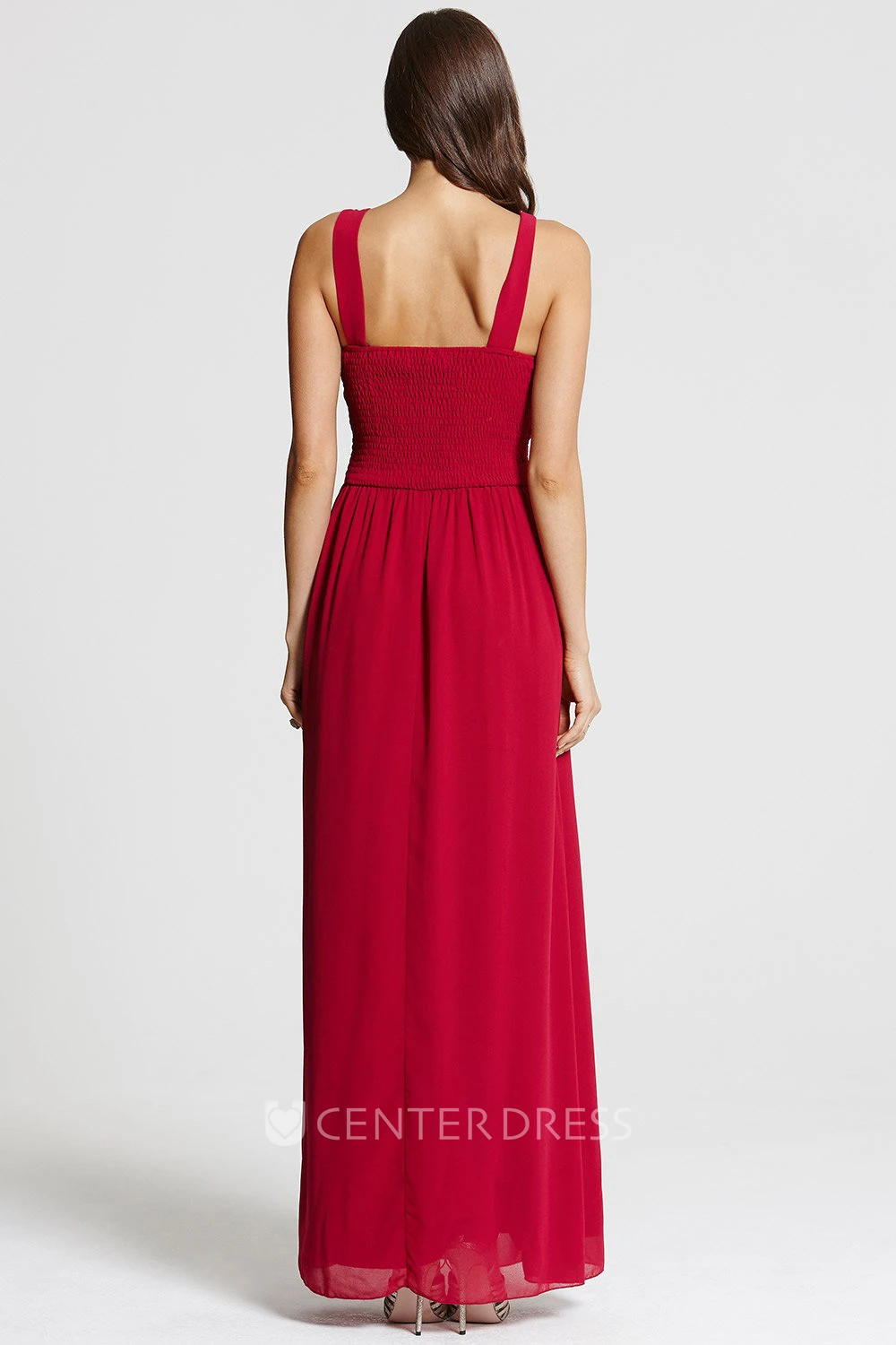 Floor-Length Ruched Sleeveless Scoop Neck Chiffon Bridesmaid Dress With Beading