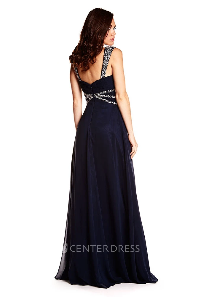 Sleeveless Beaded Strapped Chiffon Prom Dress With Criss Cross