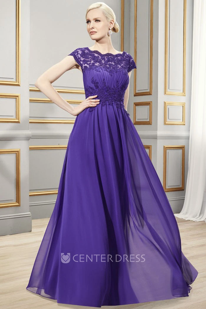 Sheath Bateau-Neck Appliqued Long Cap-Sleeve Chiffon Formal Dress With Ruching