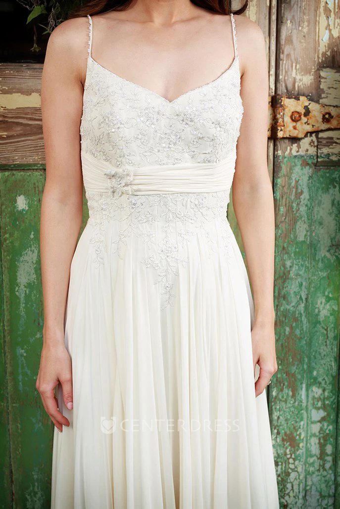 Pleated Spaghetti Long Chiffon Wedding Dress With Appliques And Corset Back