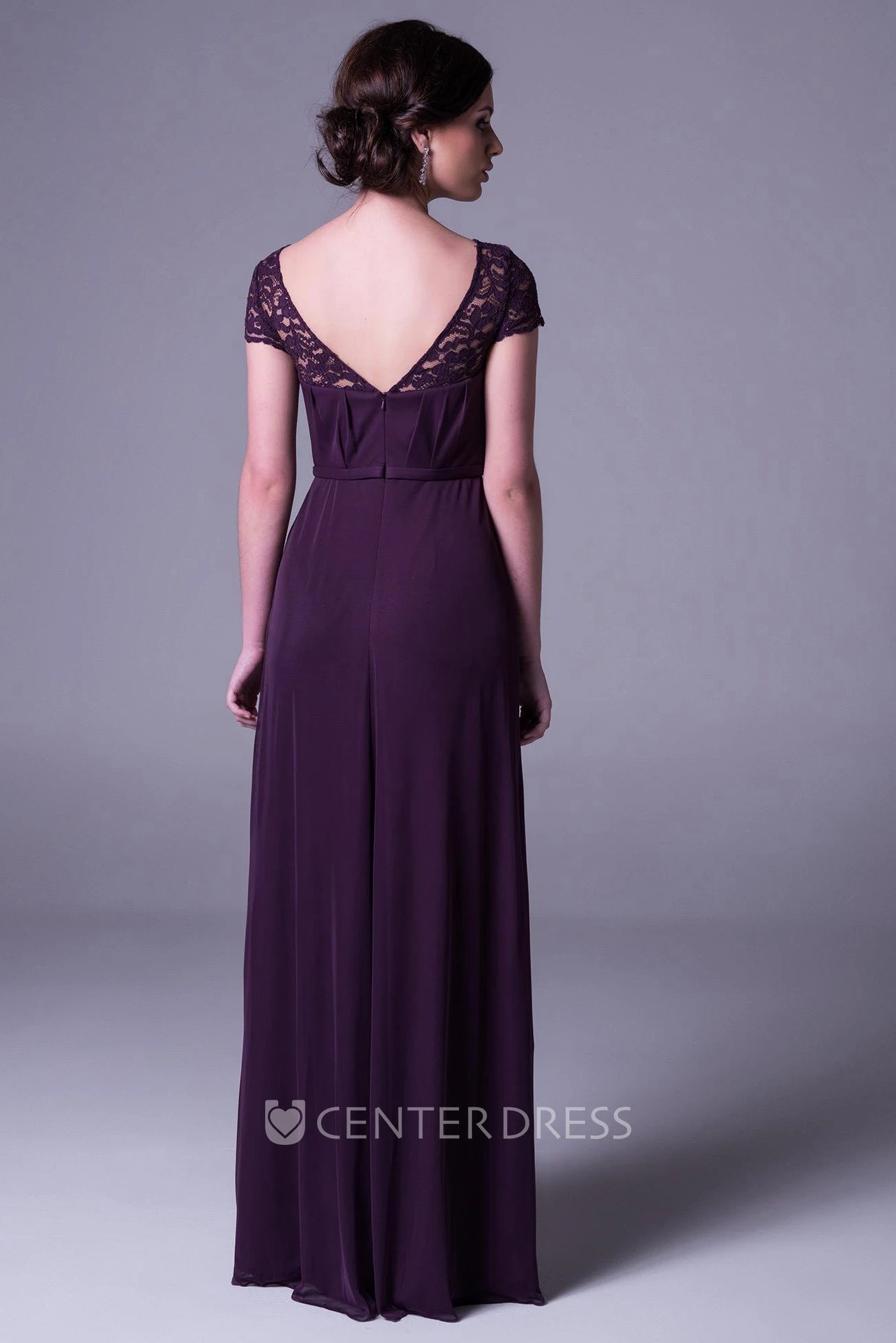 Short Sleeve Bateau Neck Caped Chiffon Bridesmaid Dress With Lace And Ruching
