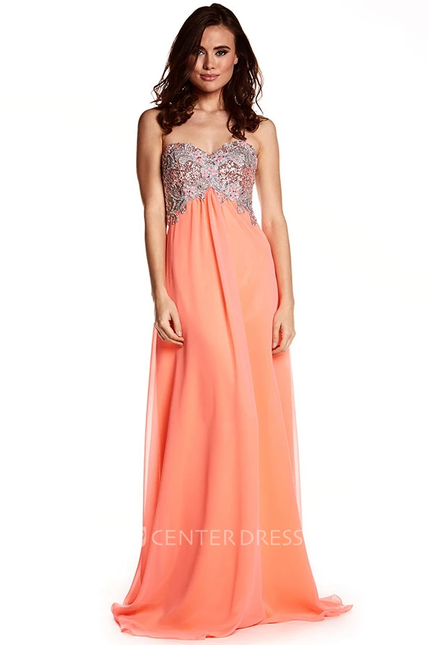 Empire Beaded Strapless Chiffon Prom Dress With Brush Train