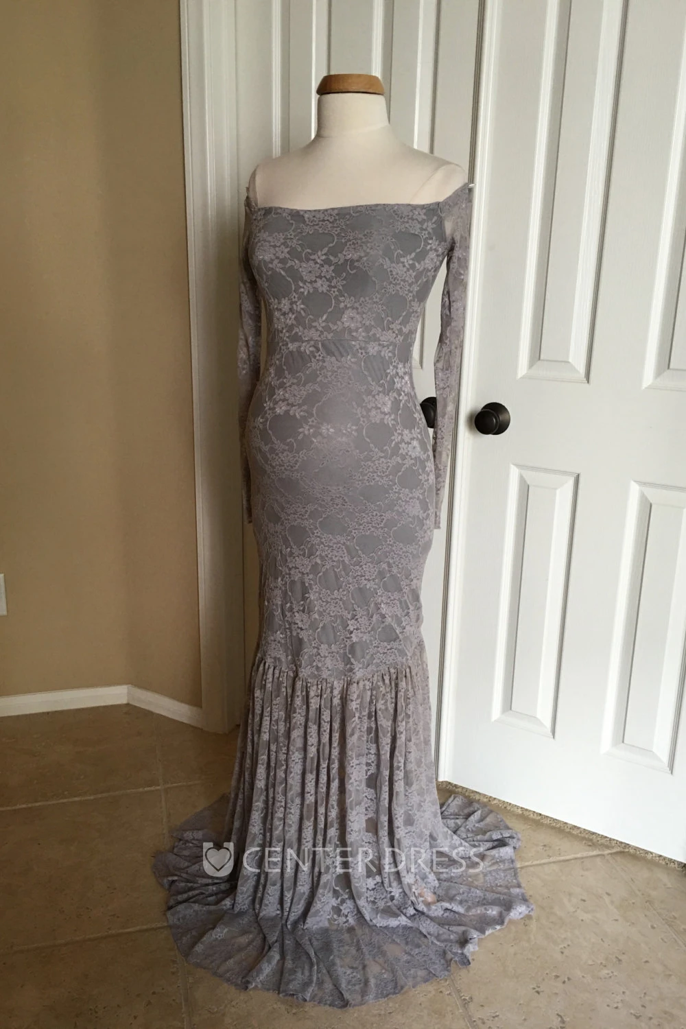 Mermaid Lace Off-the-shoulder Long Sleeve Lace Maternity Dress