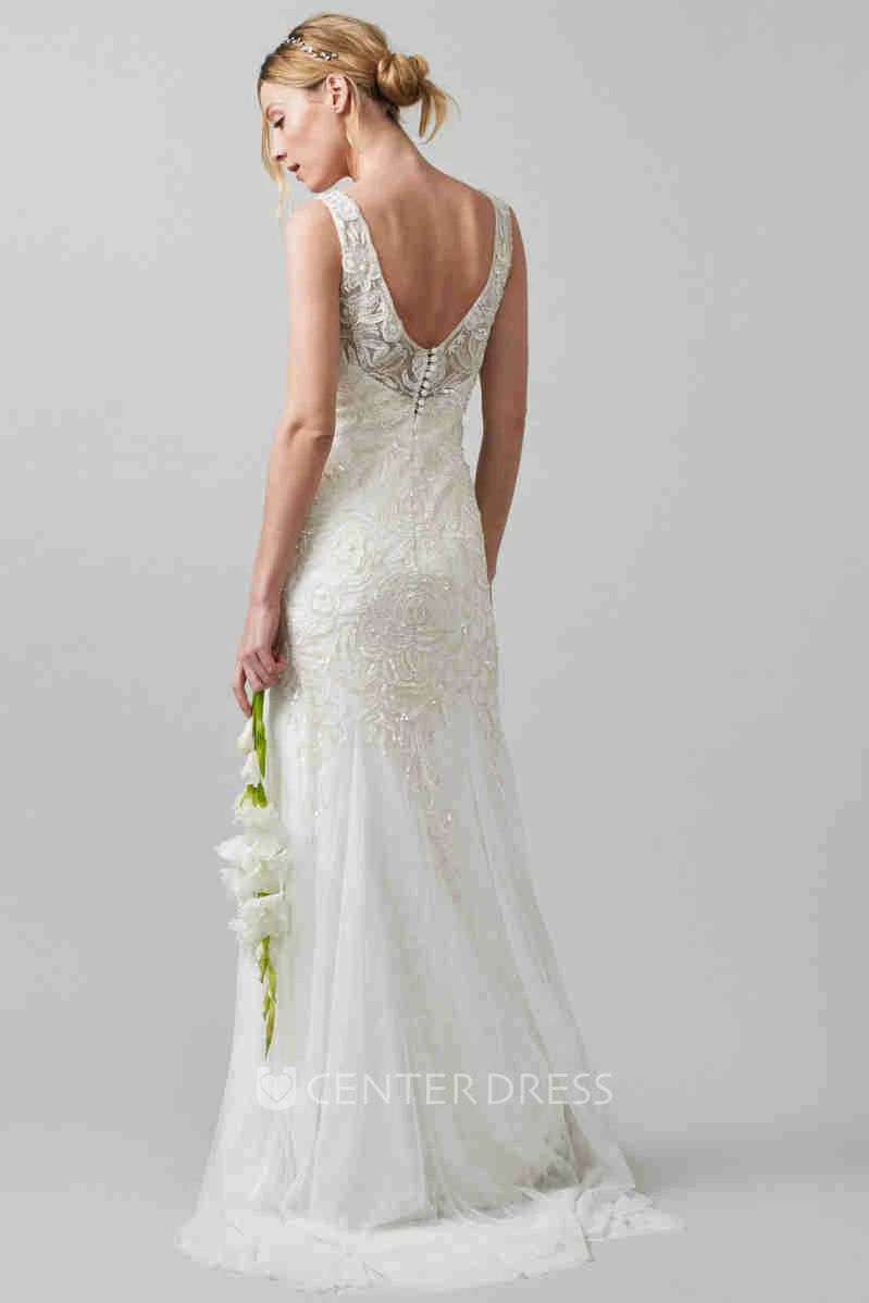 Sheath V-Neck Sleeveless Tulle Wedding Dress
