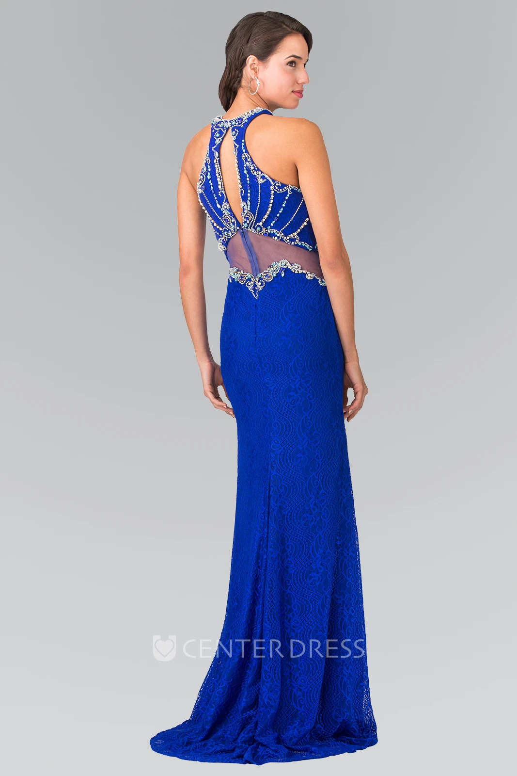 Sheath Long High Neck Sleeveless Lace Dress With Crystal Detailing