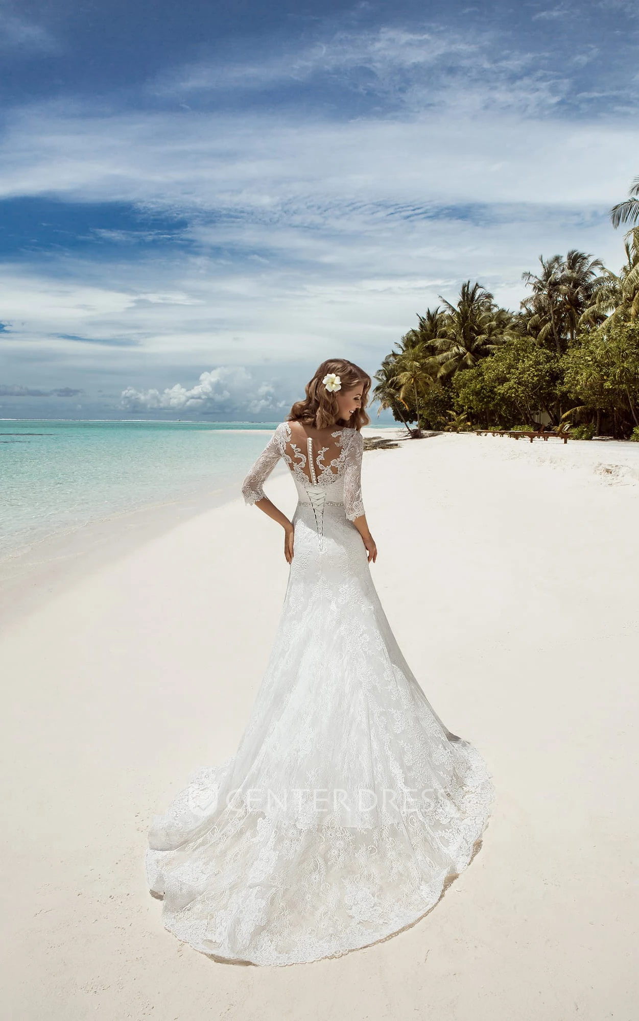 Mermaid Long V-Neck T-Shirt-Sleeve Lace-Up Lace Dress With Beading And Appliques
