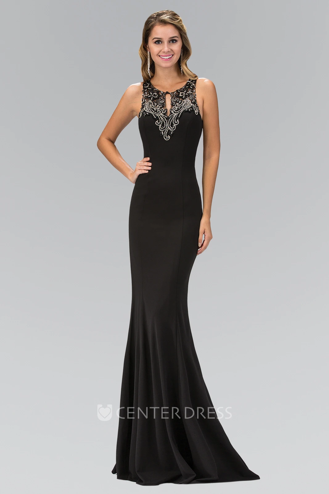 Sheath Long Scoop-Neck Sleeveless Jersey Illusion Dress With Beading And Pleats