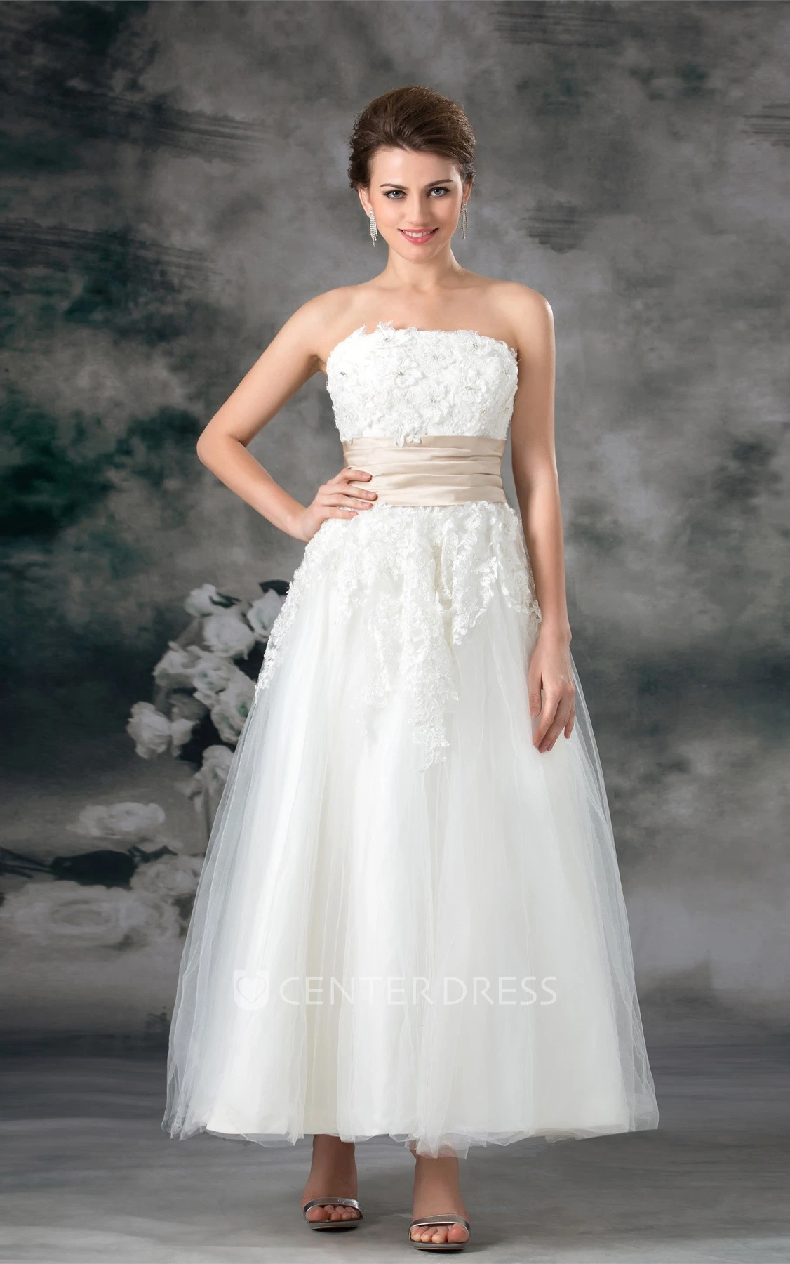 Sleeveless Strapless A-Line Ankle-Length Prom Gown with Appliques