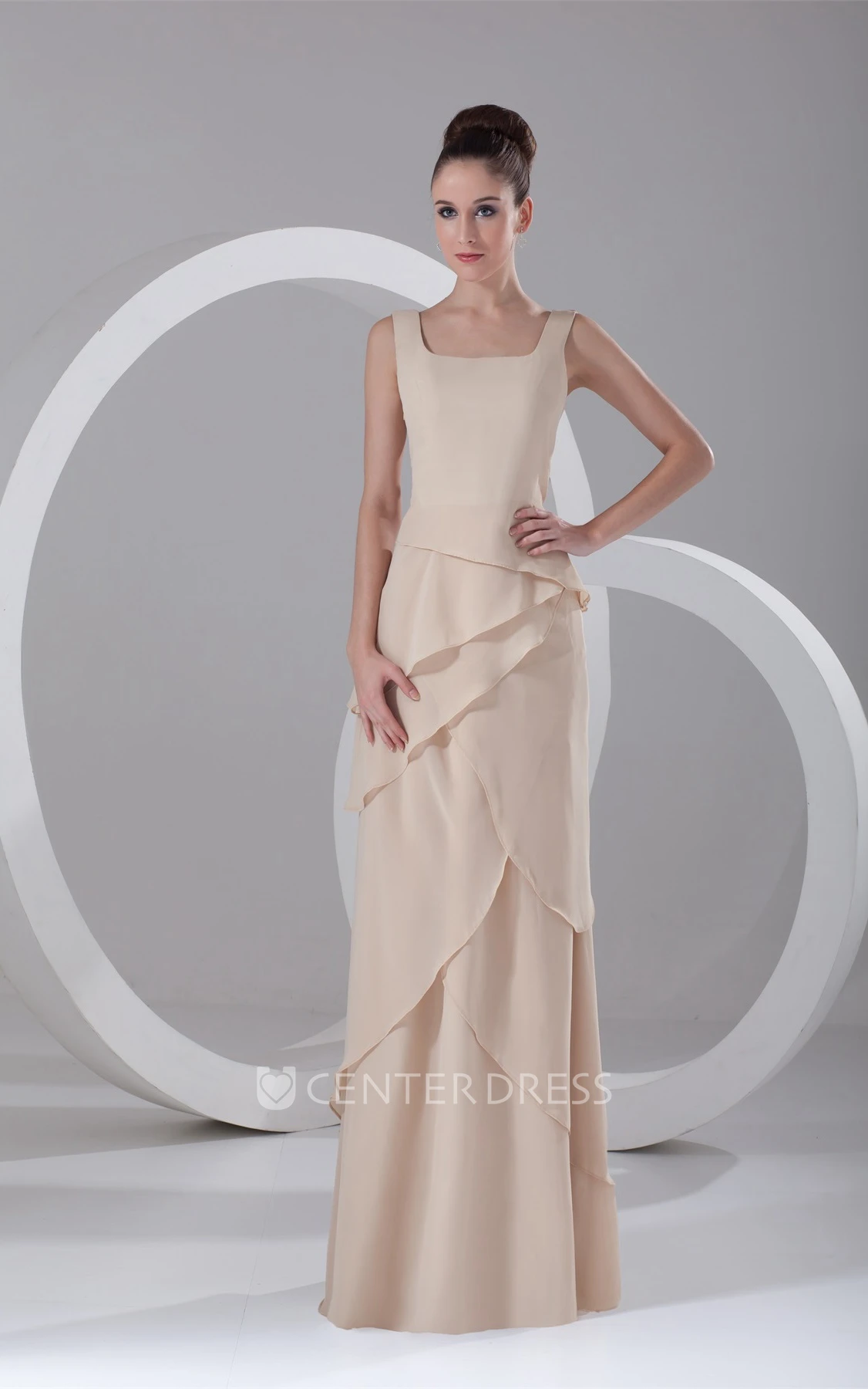 v-neck chiffon long sleeveless dress with layered design