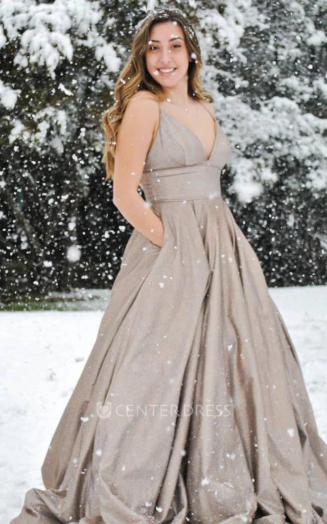 Spaghetti A-Line Satin Modern Prom Dress Sleeveless With Pockets