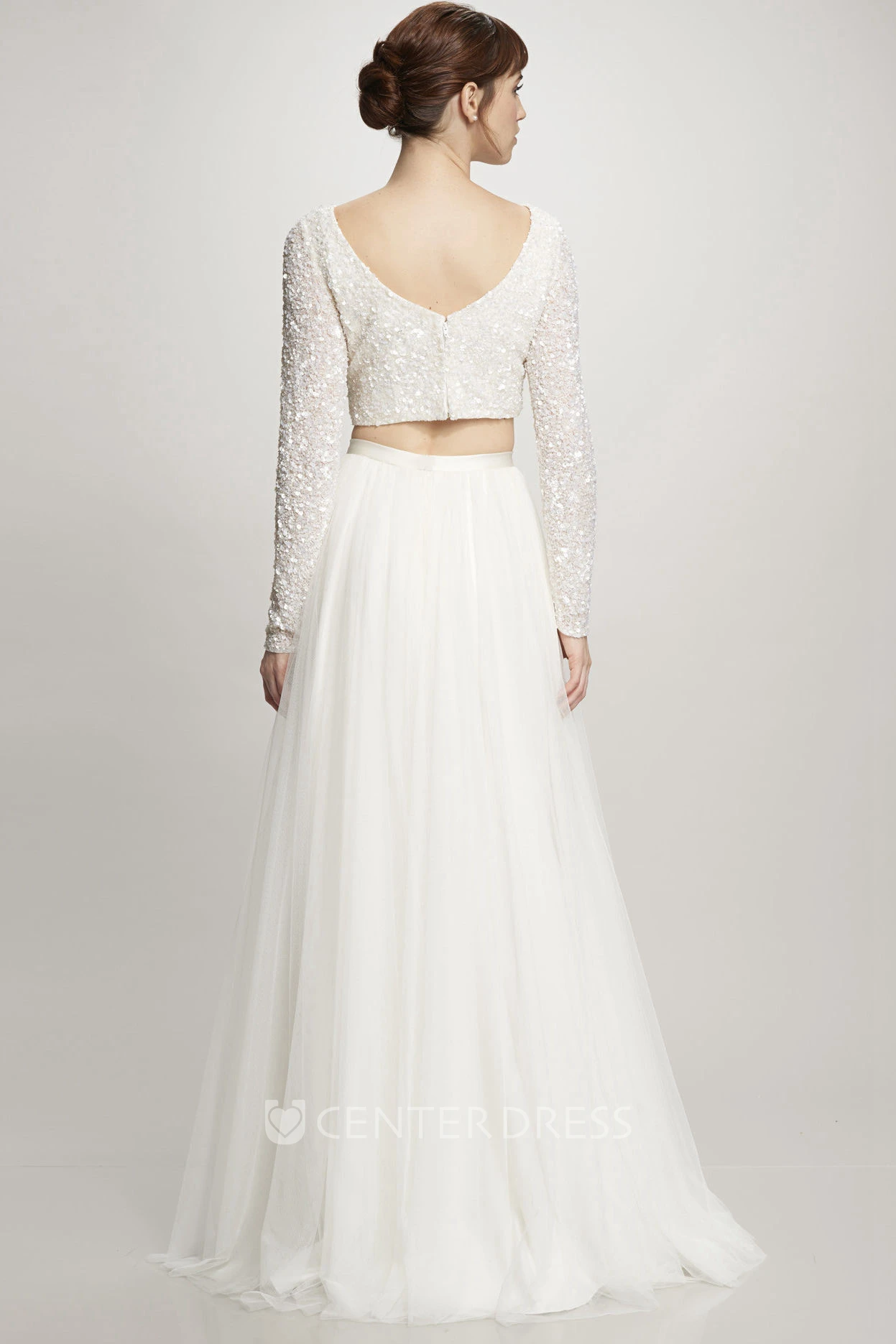 A-Line Long-Sleeve High Neck Floor-Length Tulle Wedding Dress With Sequins And V Back