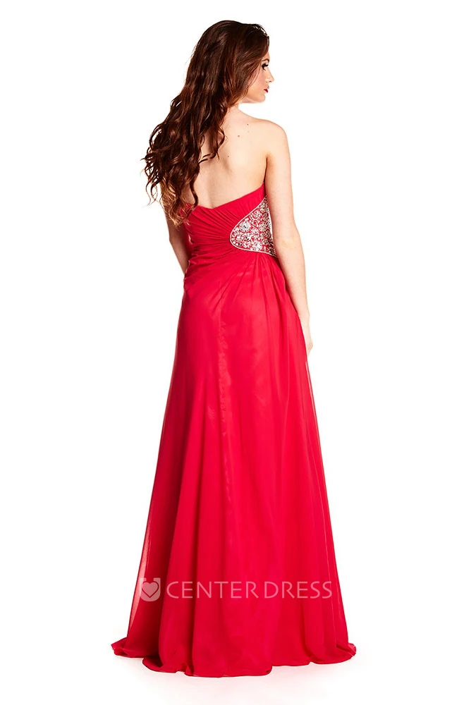 A-Line Sleeveless Long Sweetheart Split-Front Chiffon Prom Dress With Backless Style And Beading