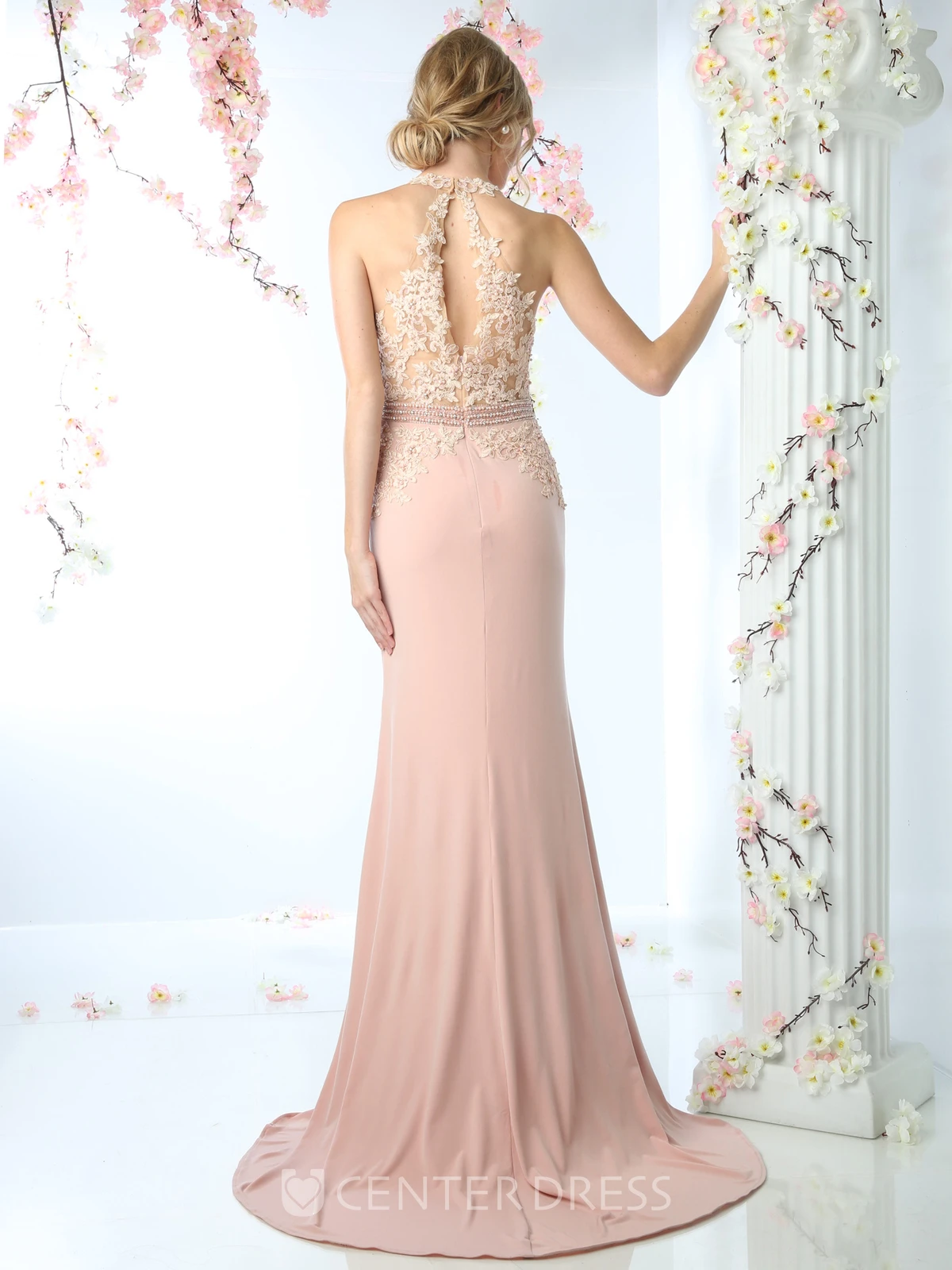 Sheath Long V-Neck Sleeveless Jersey Dress With Appliques And Waist Jewellery
