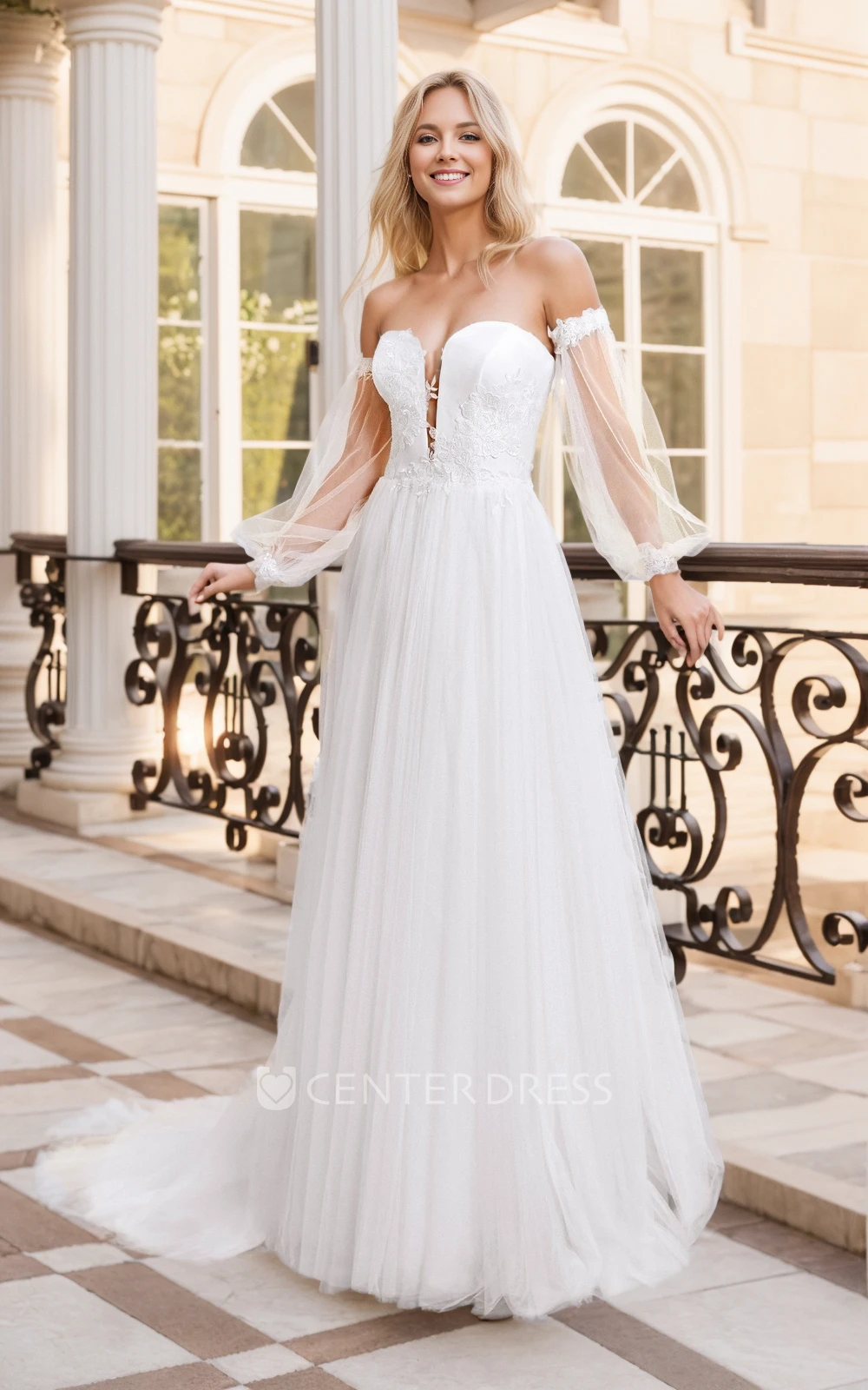 Modern Floral A-Line Boho Lace off the Shoulder Floor Length Wedding Dress Ethereal Elegant Ballon Sleeve Plunging Neckline Sweep Train Bridal Gown
