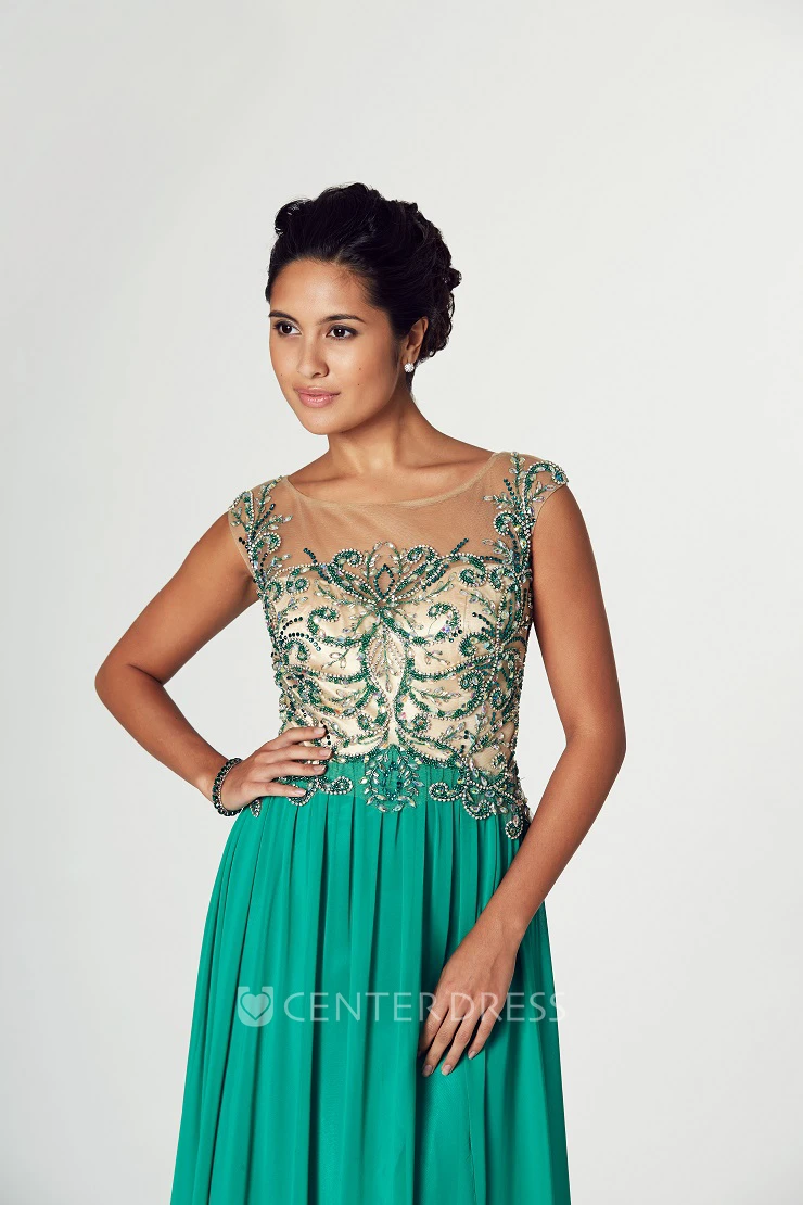 A-Line Bateau Cap-Sleeve Beaded Floor-Length Chiffon Prom Dress With Keyhole Back And Split Front