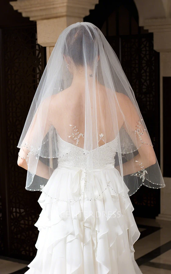 Elegant Ethereal Short Two Tier Sequin Beading Pearl Edge Tulle Elbow Length Bridal Veil with Comb