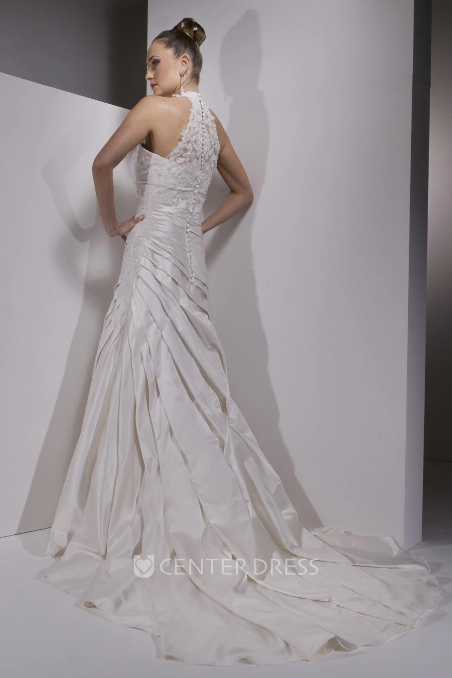 Sheath Sleeveless High Neck Floor-Length Side-Draped Satin Spring Wedding Dress With Illusion Back And Appliques