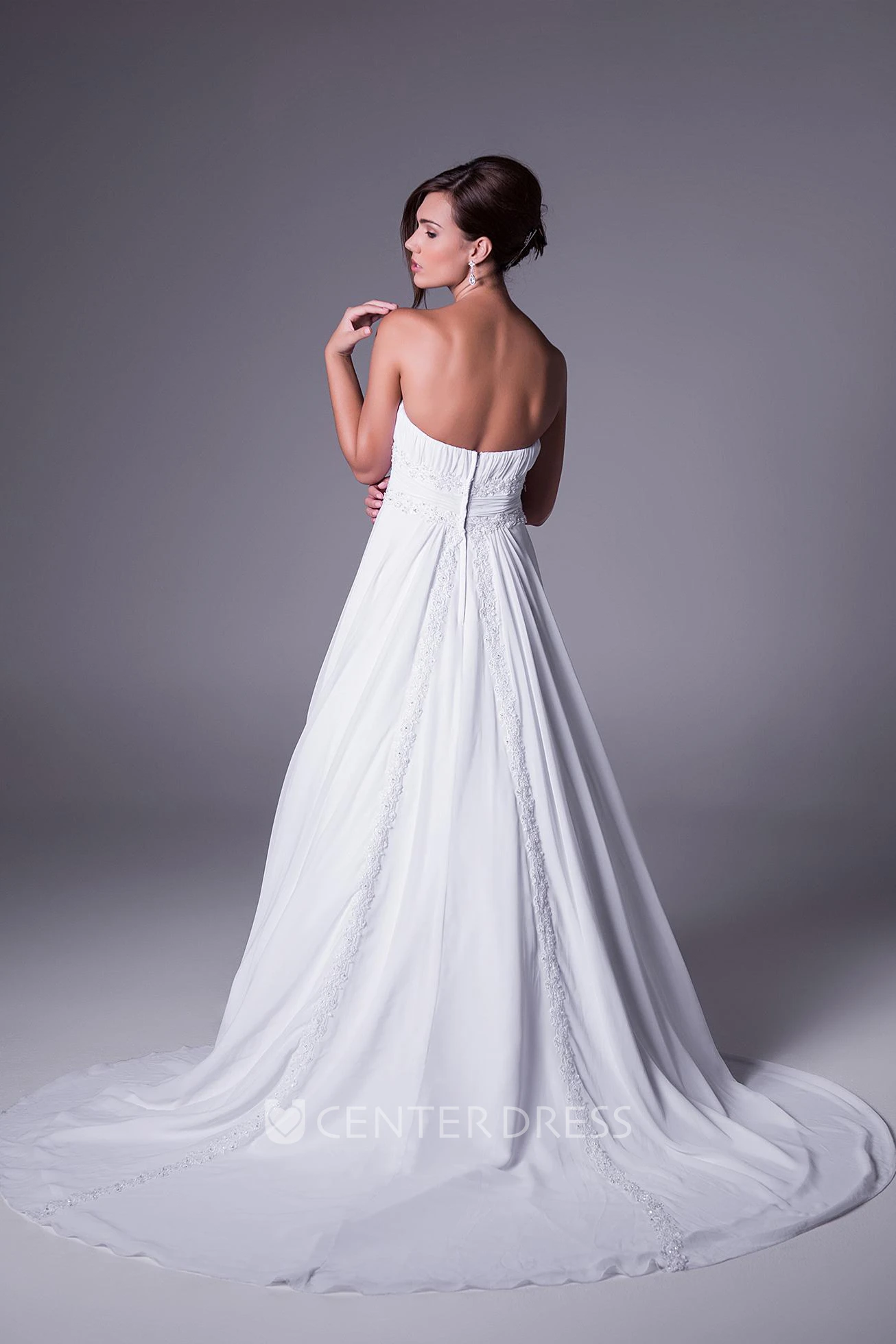 A-Line Strapless Ruched Floor-Length Sleeveless Chiffon Wedding Dress With Appliques