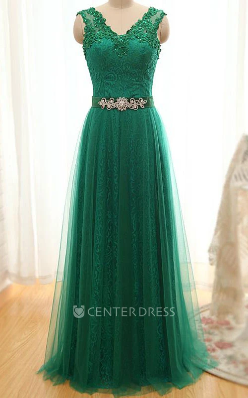 A-line Floor-length Straps V-neck Sleeveless Tulle Dress