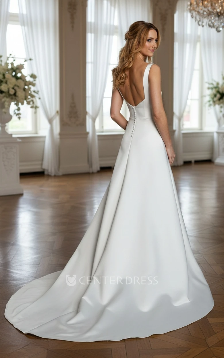 Elegant Modern A-Line Satin Square Neckline Spring Wedding Dress Flowy Simple Boned Bodice Wide Strap Backless Bridal Gown with Train