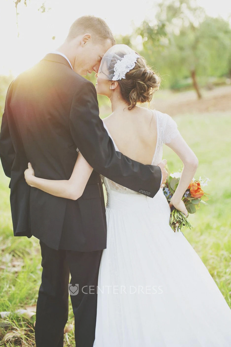Jewel Short Sleeve Long Chiffon Wedding Dress With Sash And Low-V Back