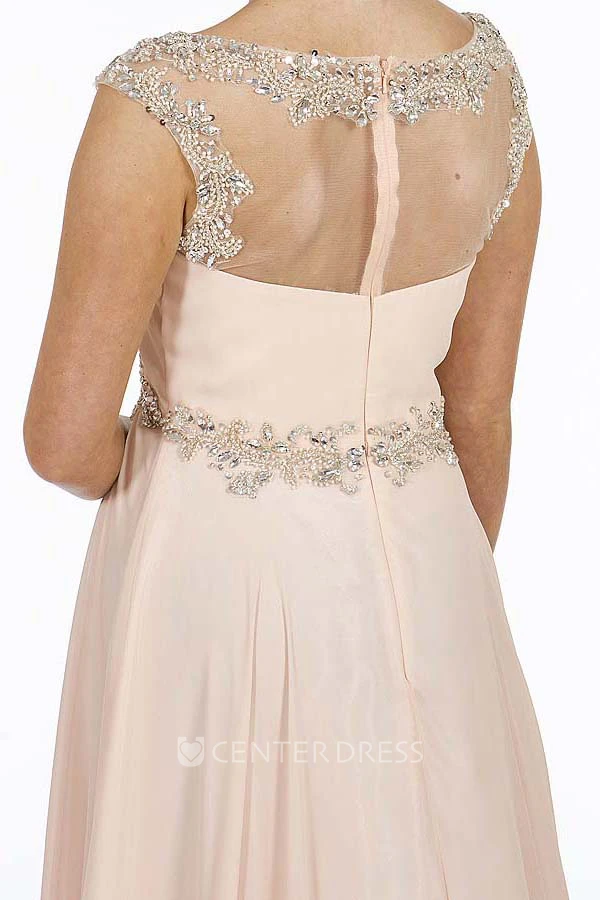 A-Line Empire Scoop Floor-Length Cap-Sleeve Beaded Chiffon Prom Dress With Waist Jewellery And Ruching