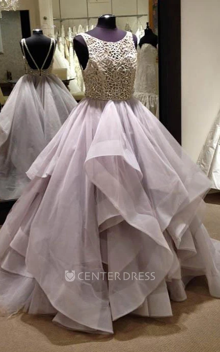 Sleeveless A-line Tulle Sweep Train Dress with Ruffles