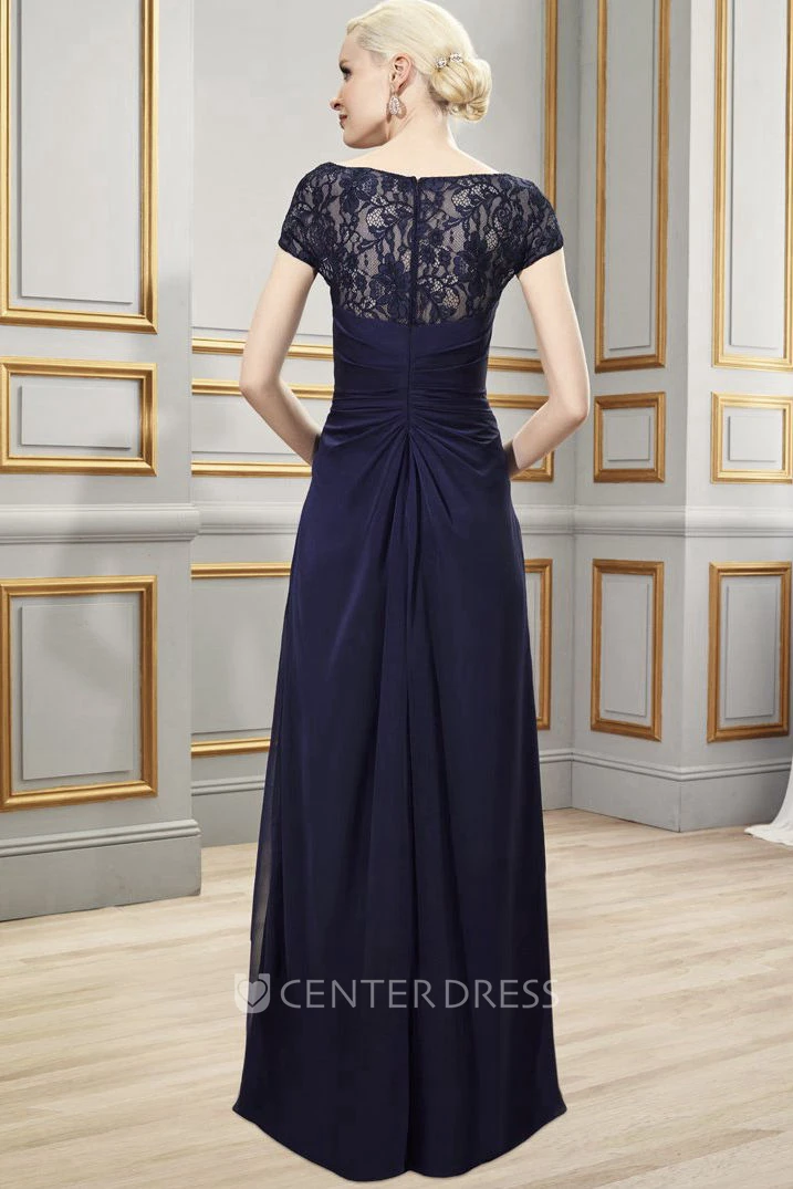 Sheath Bateau Short-Sleeve Appliqued Long Chiffon Formal Dress With Illusion Back And Side Draping
