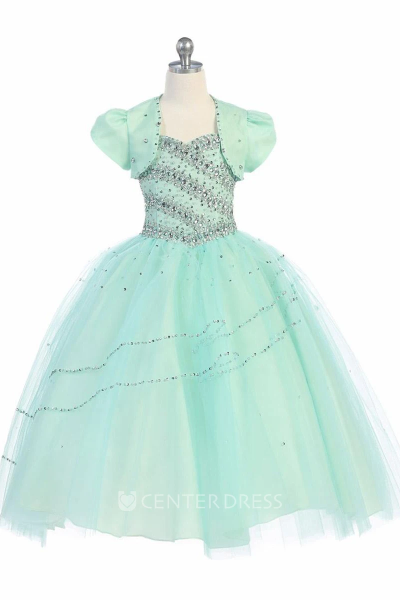 Bolero Tiered Beaded Tulle&Lace Flower Girl Dress