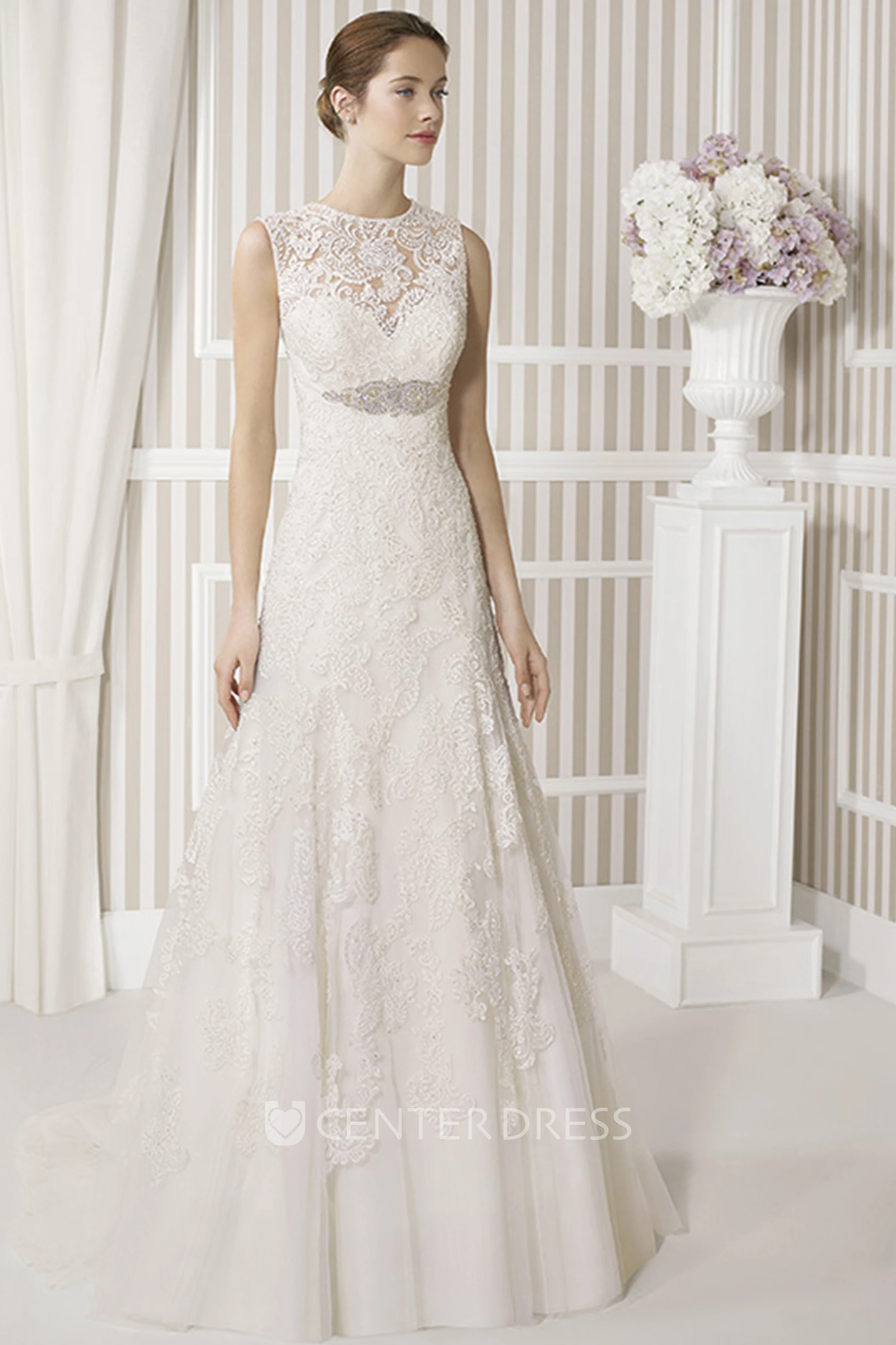 A-Line Floor-Length Sleeveless Appliqued Jewel Lace Wedding Dress With Waist Jewellery And Keyhole Back