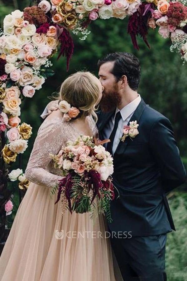 A Line V-neck Lace Tulle Open Back Zipper Warm Wedding Dress