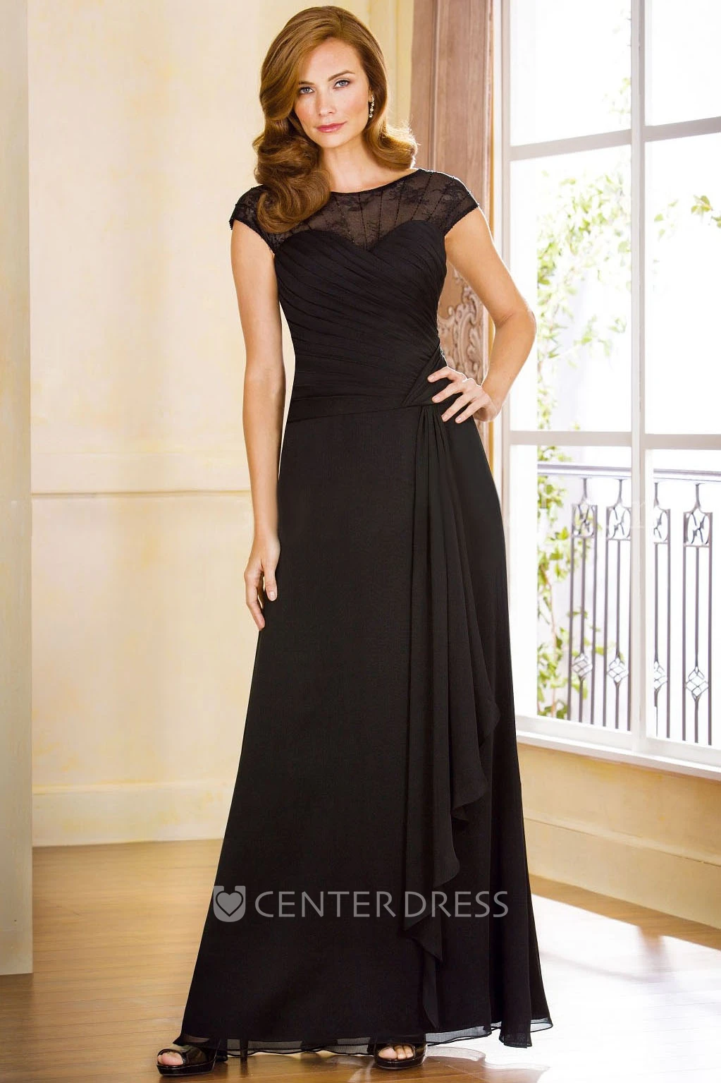 Cap-Sleeved A-Line Mother Of The Bride Dress With Ruffles And Illusion Back