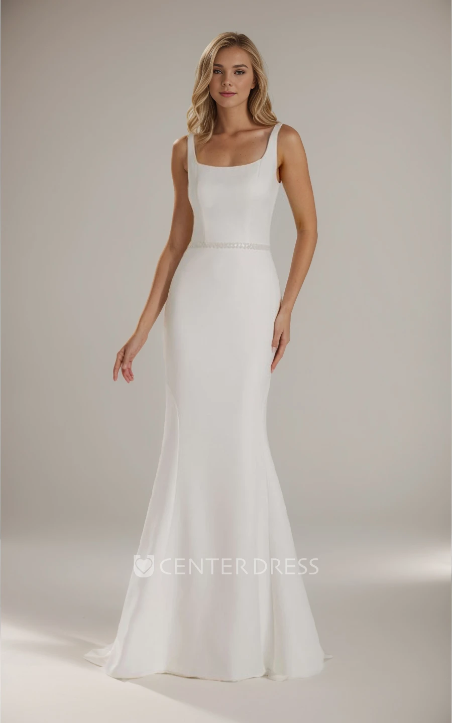 Simple Elegant Satin Mermaid Warm Wedding Dress with Square Neck and Court Train Modern Bridal Gown