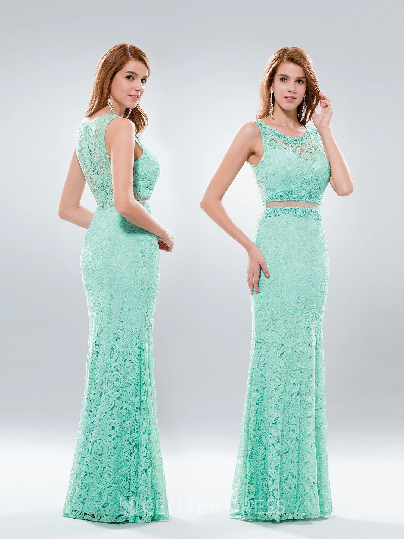 Sheath Floor-Length V-Neck Sleeveless Lace Dress With Pleats And Beading