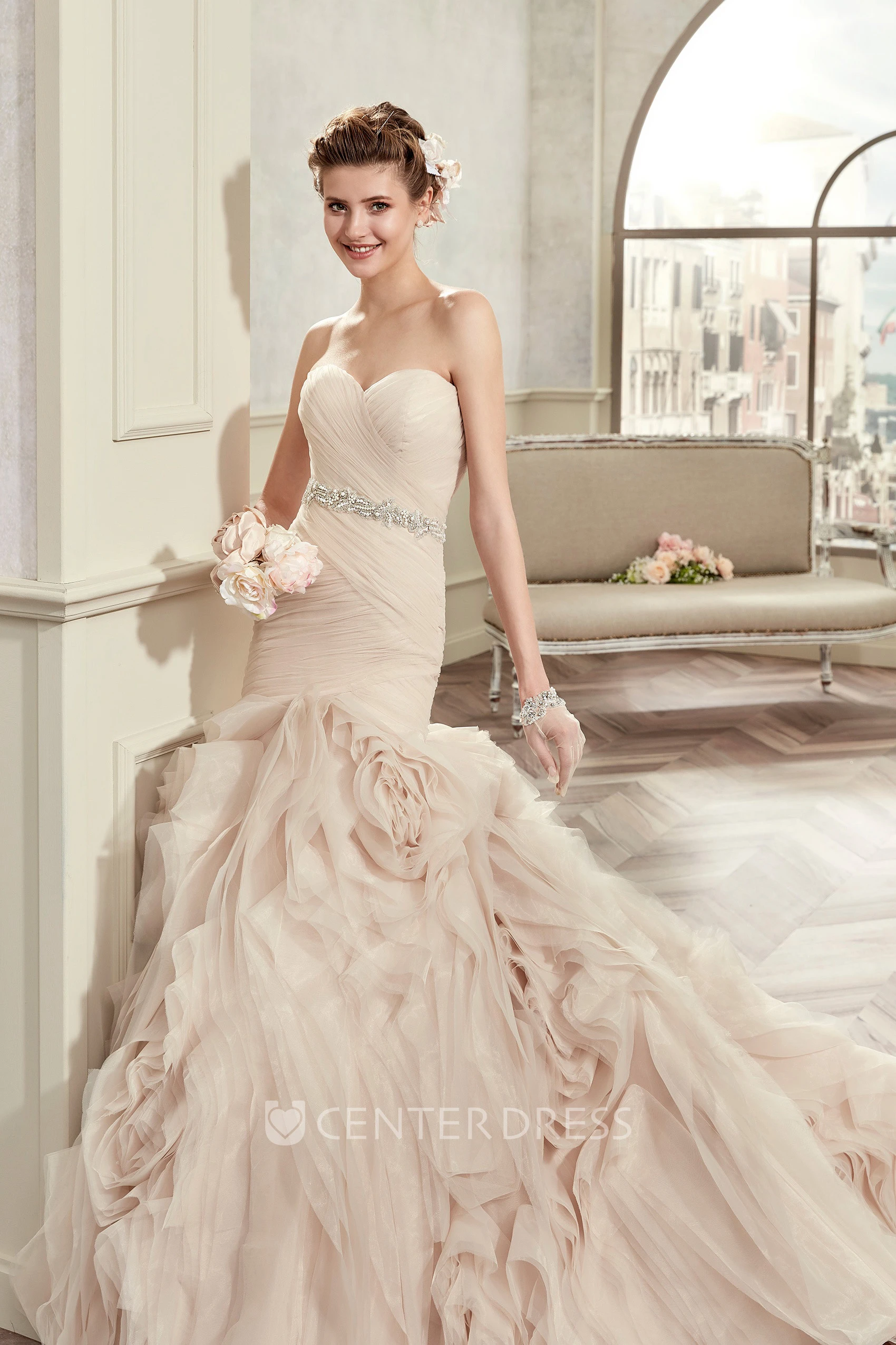 Sweetheart Pleated Bridal Gown With Floral Ruffles And Beaded Belt