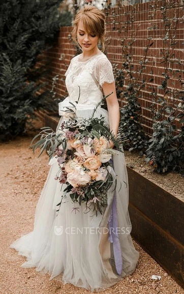 Tulle Bohemian A-Line Jewel Neckline Wedding Dress With Keyhole Back And Appliques