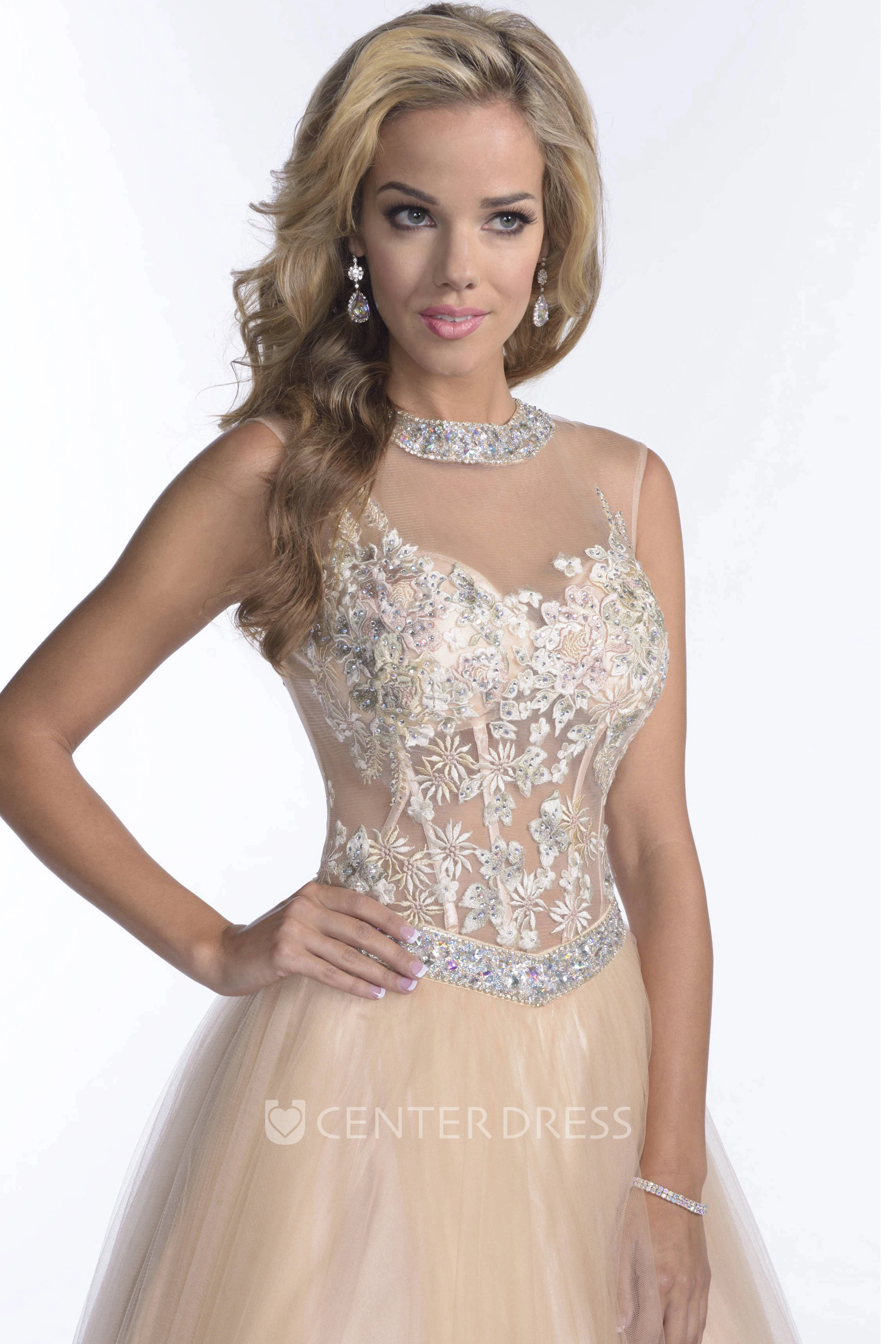 Tulle A-Line Sleeveless Crystal Neck Prom Dress With Keyhole Back And Lace Bodice
