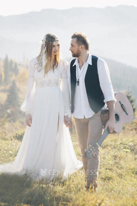 Chiffon Poet Long Sleeve And Front Split Bohemian Plunging Warm Wedding Dress With Lace Details